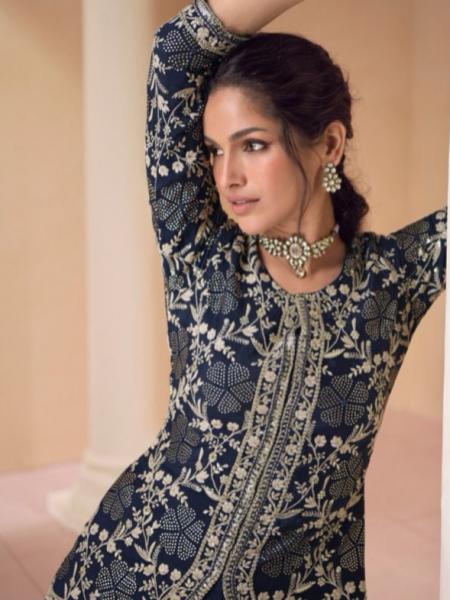 Navy Blue Color Heavy Chinon Silk Georgette Embroidery Free Size Suit